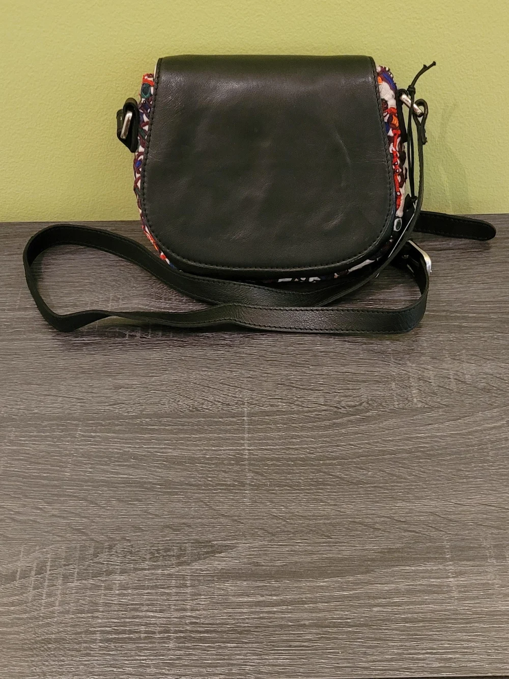 Embroidered Multi-Color Crossbody Bag with Dark Green Flap